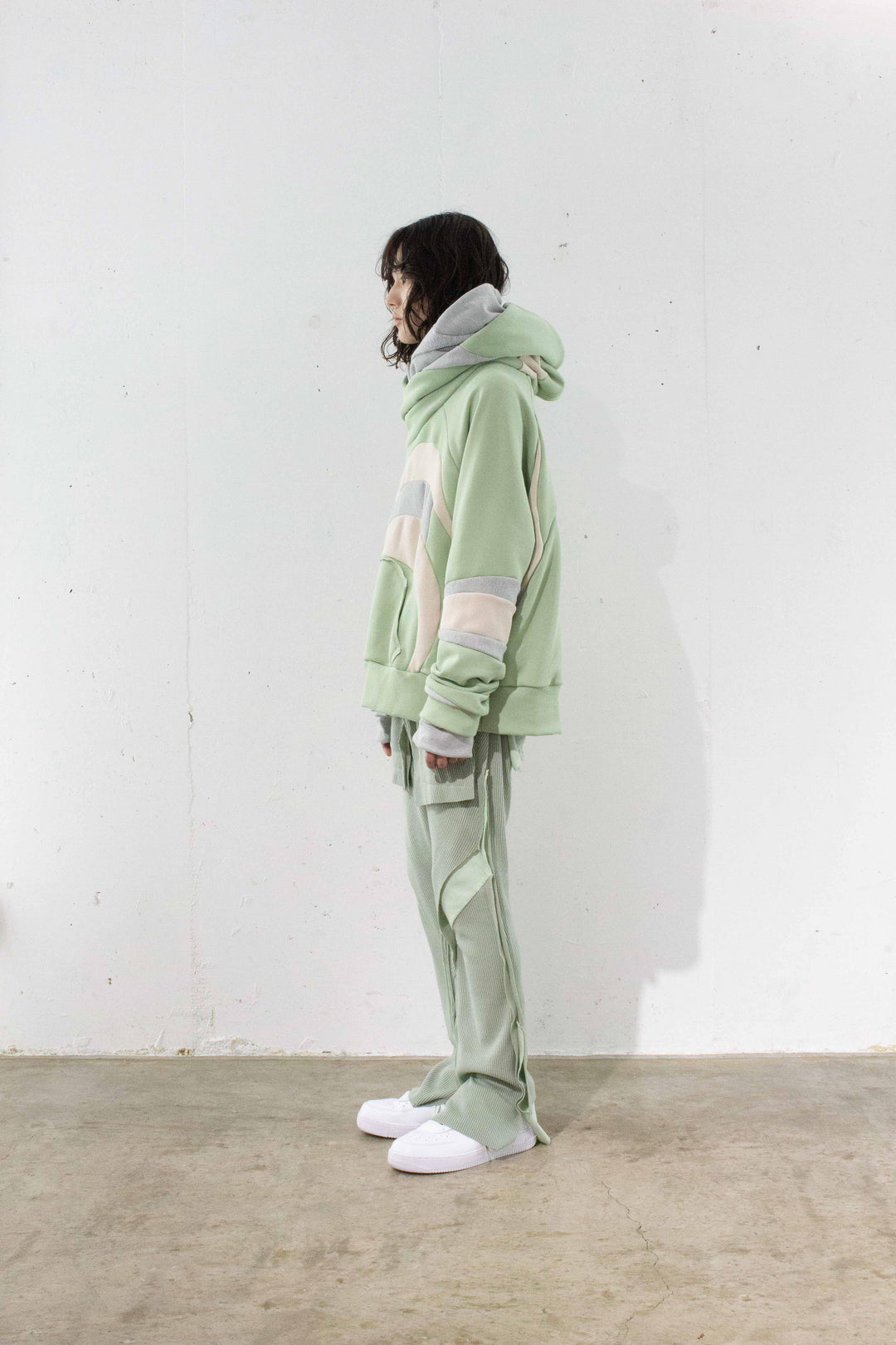 Double layer slit pants （Warm knit） - Green