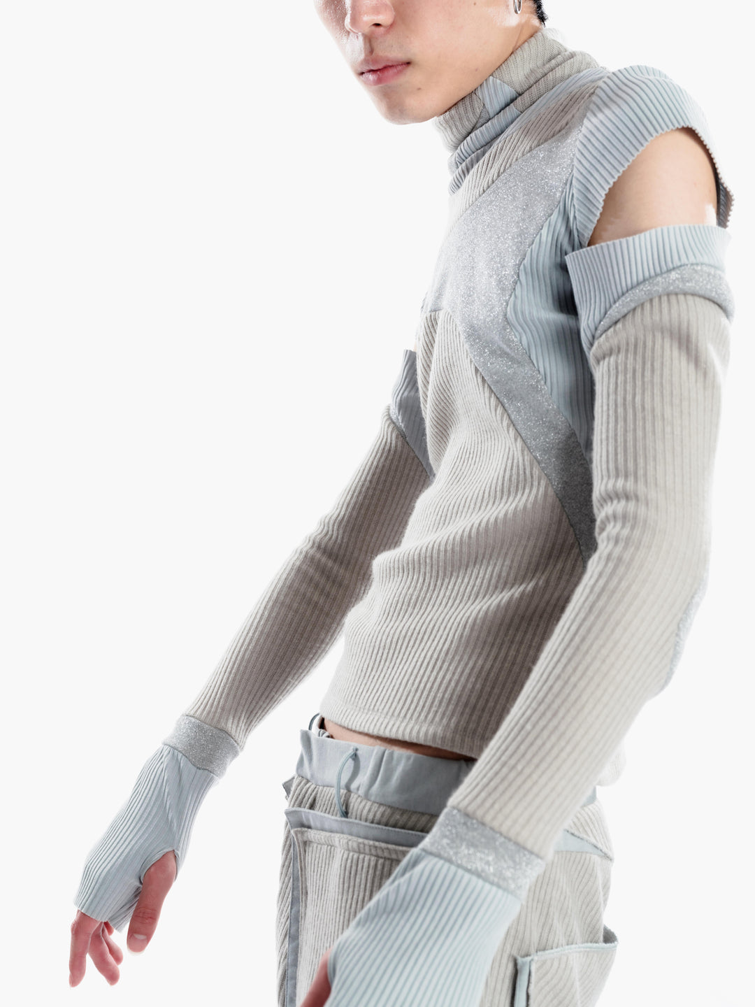 Slash Shoulder Mixed Knit - Gray