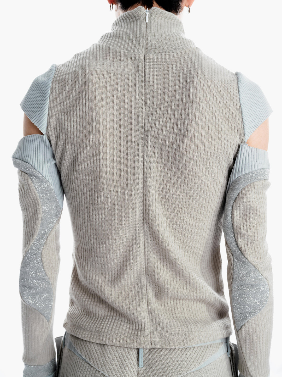 Slash Shoulder Mixed Knit - Gray