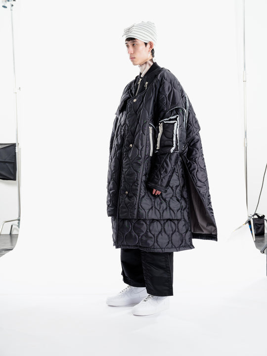 Layered quilted long coat - Black