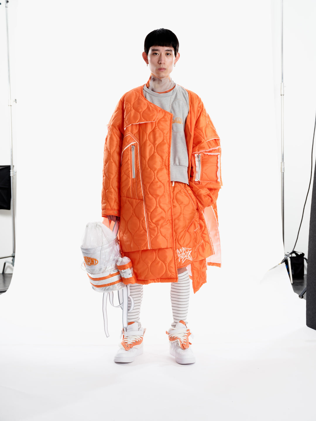 Layered quilted long coat - Orange